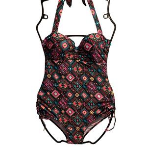 Geometric print one-piece bathing suit medium tie halter neck built in bra cups